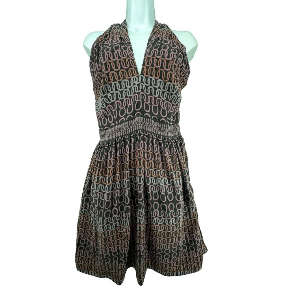 Trina Turk Halter Dress Sz 8 Black Chain Print Silk Flowy Lined Backless Artsy